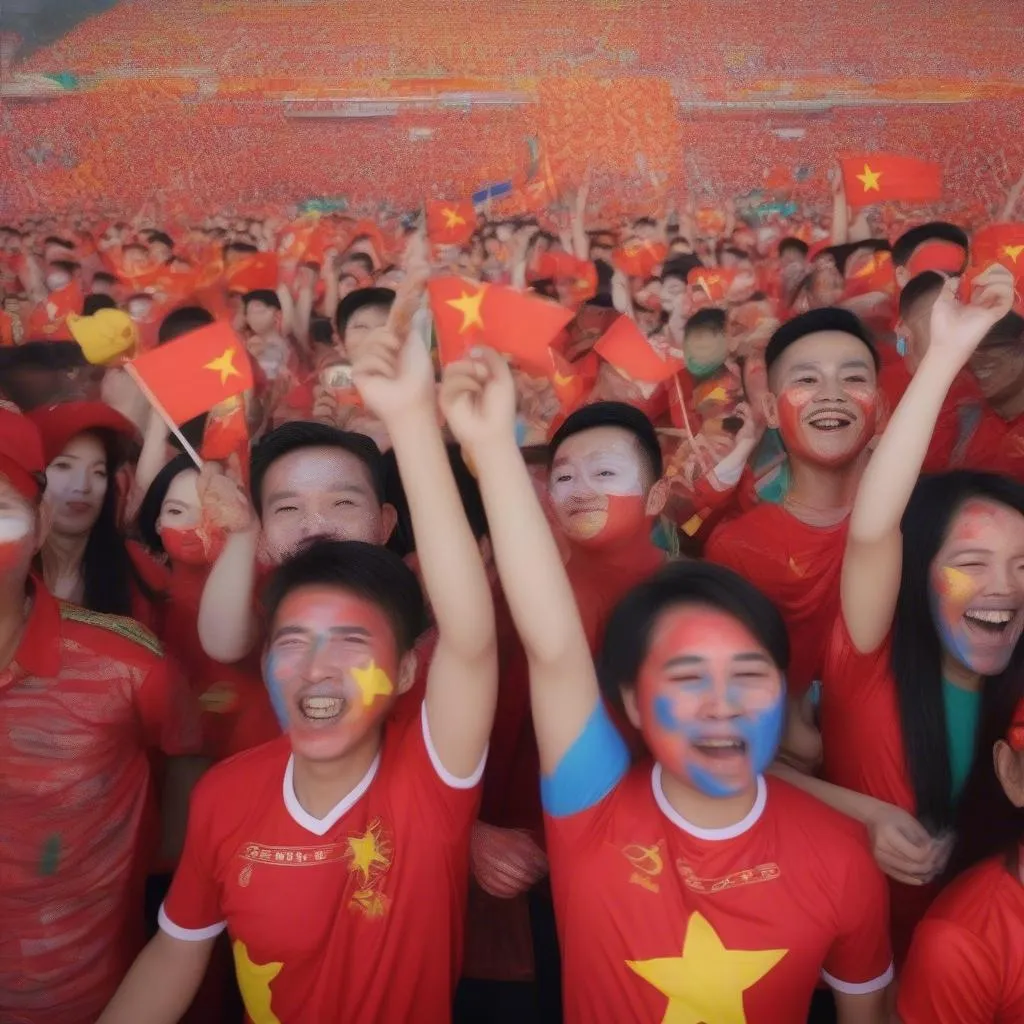 Vietnamese fans cheering for the national team with flags and balloons