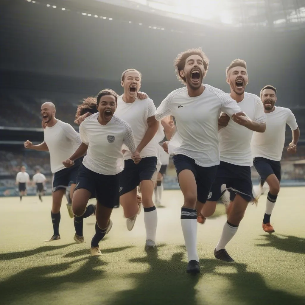 Group of players running on the field with happy faces