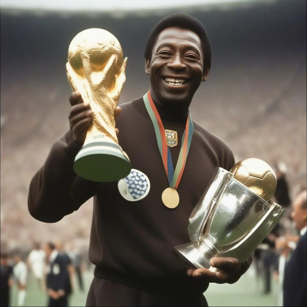 Hình ảnh Pele, vua bóng đá huyền thoại, nâng cao chiếc cúp vàng World Cup.