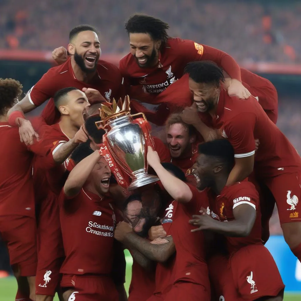 Hình ảnh các cầu thủ Liverpool ăn mừng chiến thắng, với niềm vui sướng và sự phấn khích tột độ.