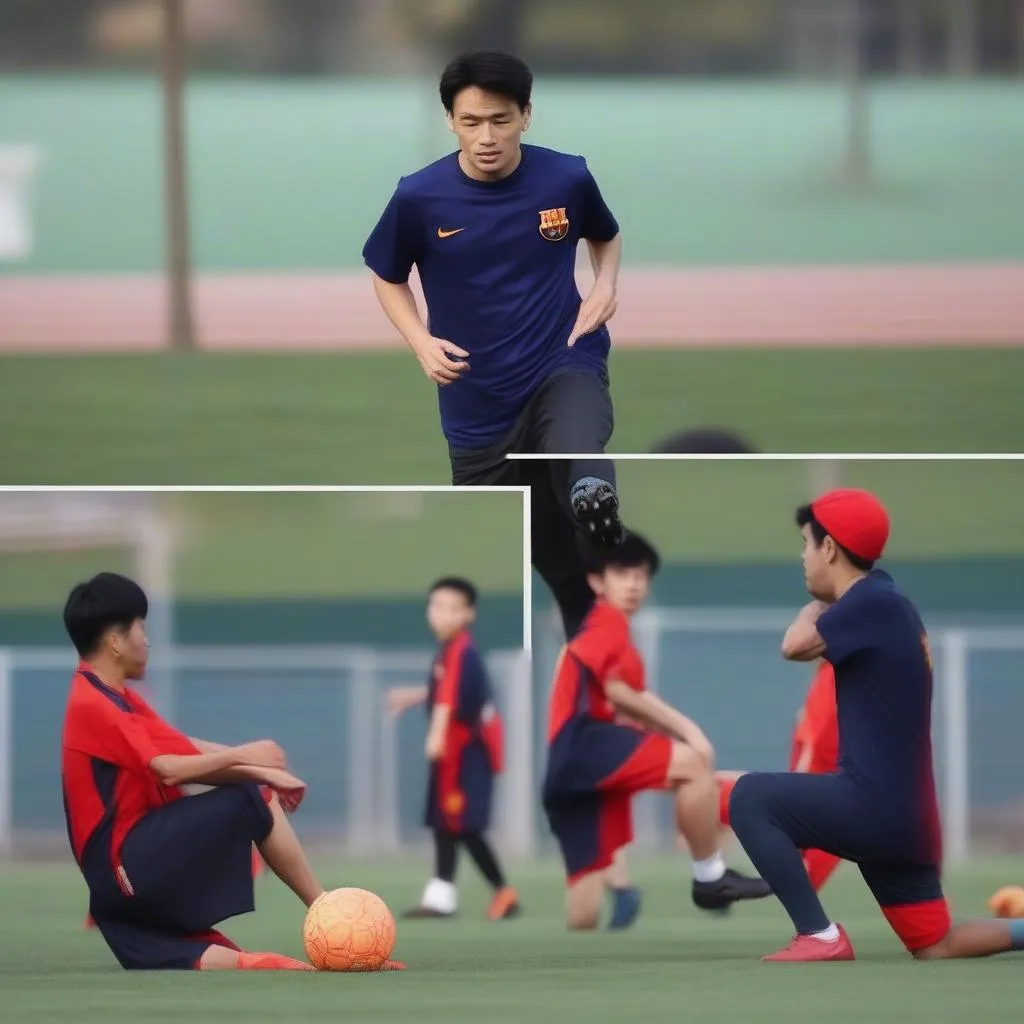 Vietnamese footballers training with Barca B