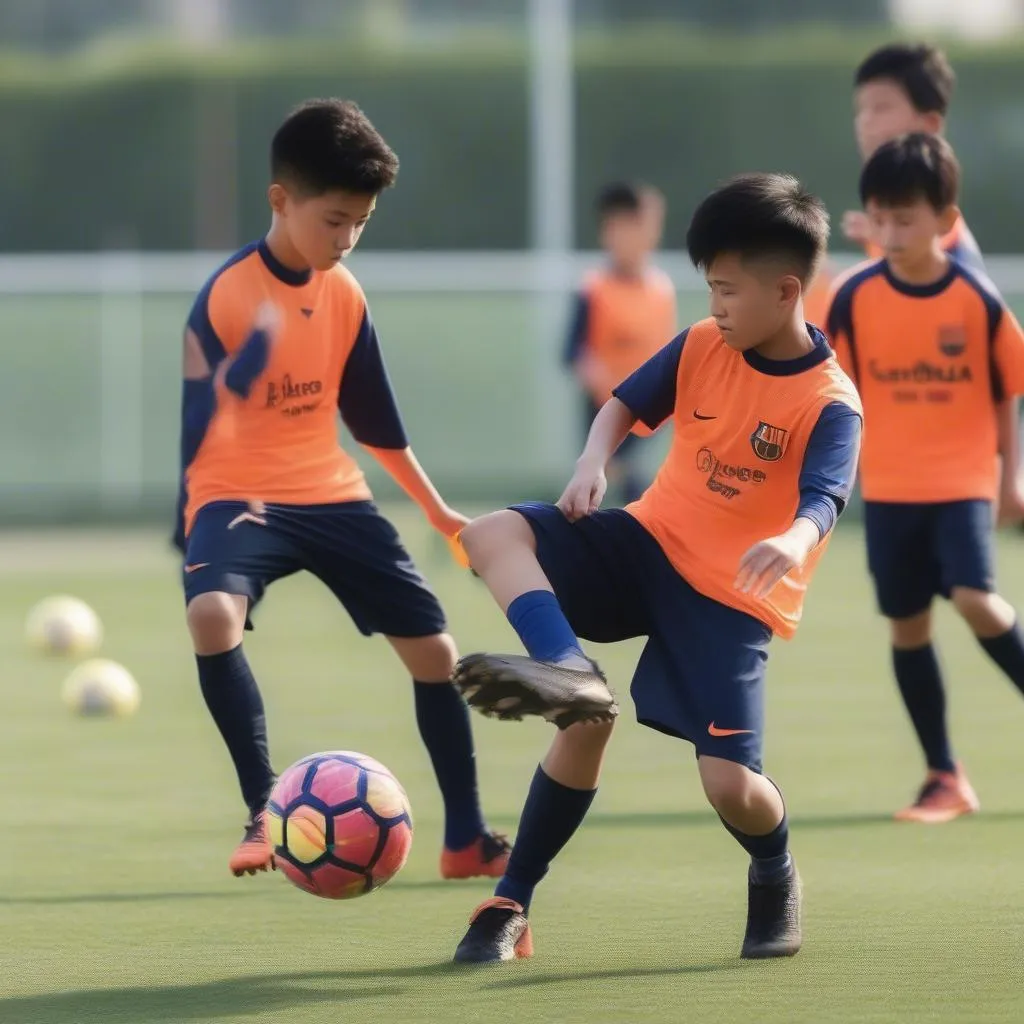 Young Vietnamese footballers training with Barca B