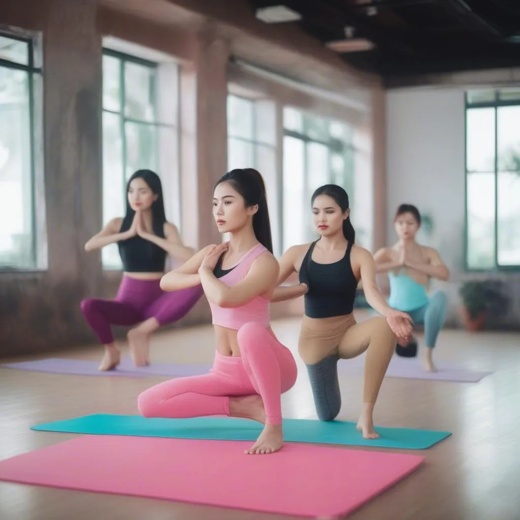 các cô gái mặc đồ thể thao tập yoga