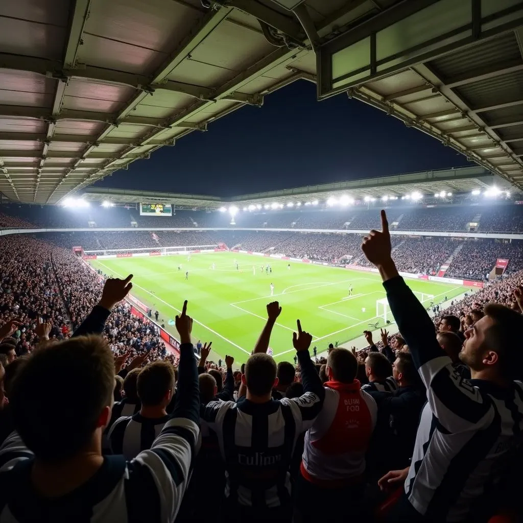 Các fan hâm mộ Fulham mặc áo đội tuyển đen trắng cổ vũ nhiệt tình trên khán đài