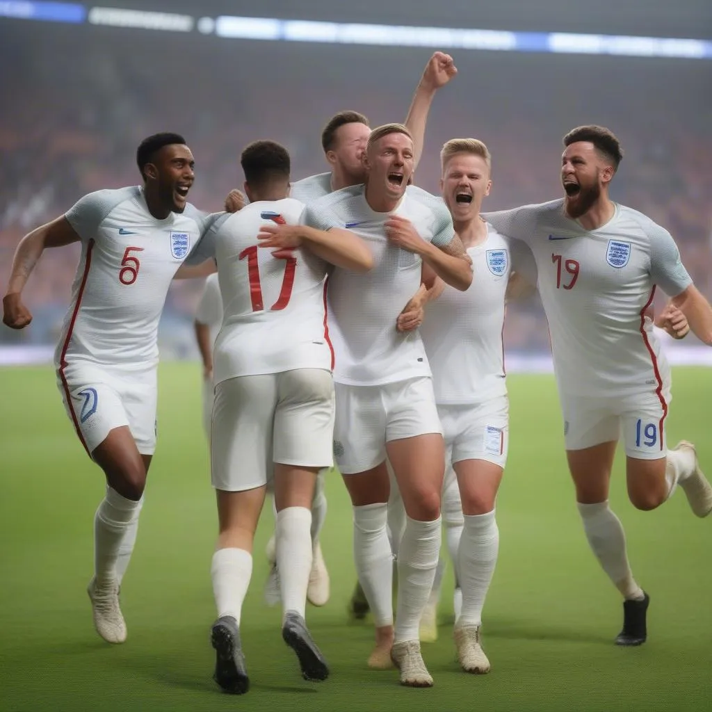 England SS players celebrating goal