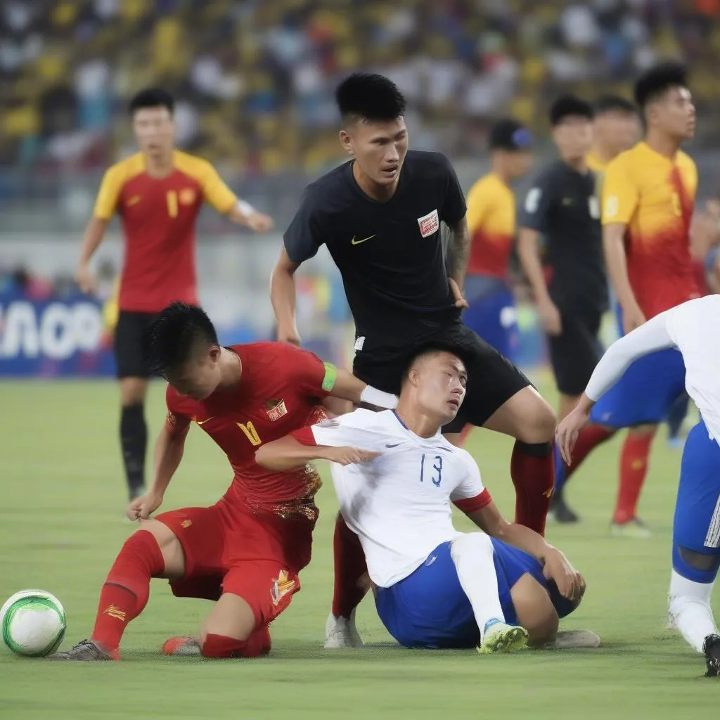 Cầu thủ Thái Lan vả Văn Hậu trong trận đấu AFF Cup 2018