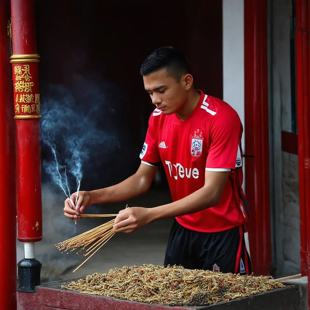 Cầu thủ thắp nhang tại đền chùa