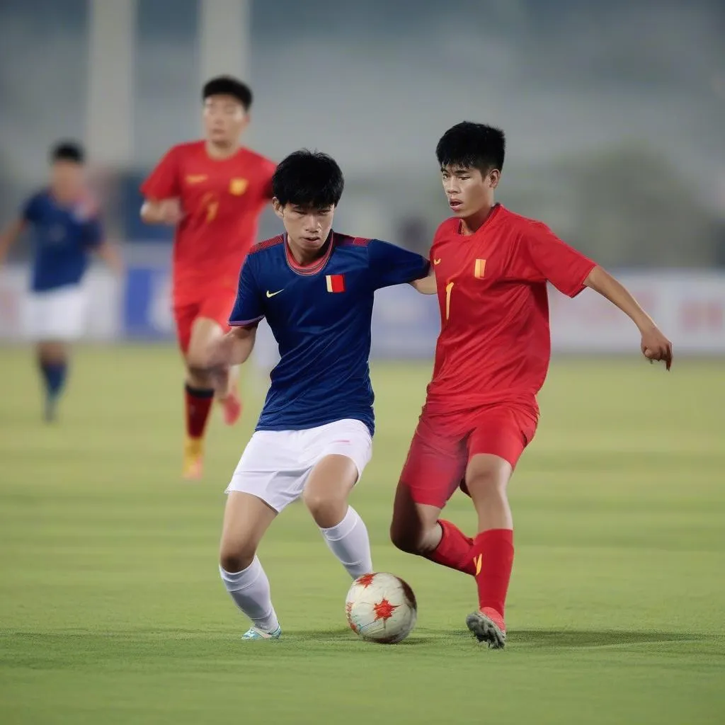 Cầu thủ U19 Việt Nam thi đấu trong trận vòng loại giải U19 Châu Á