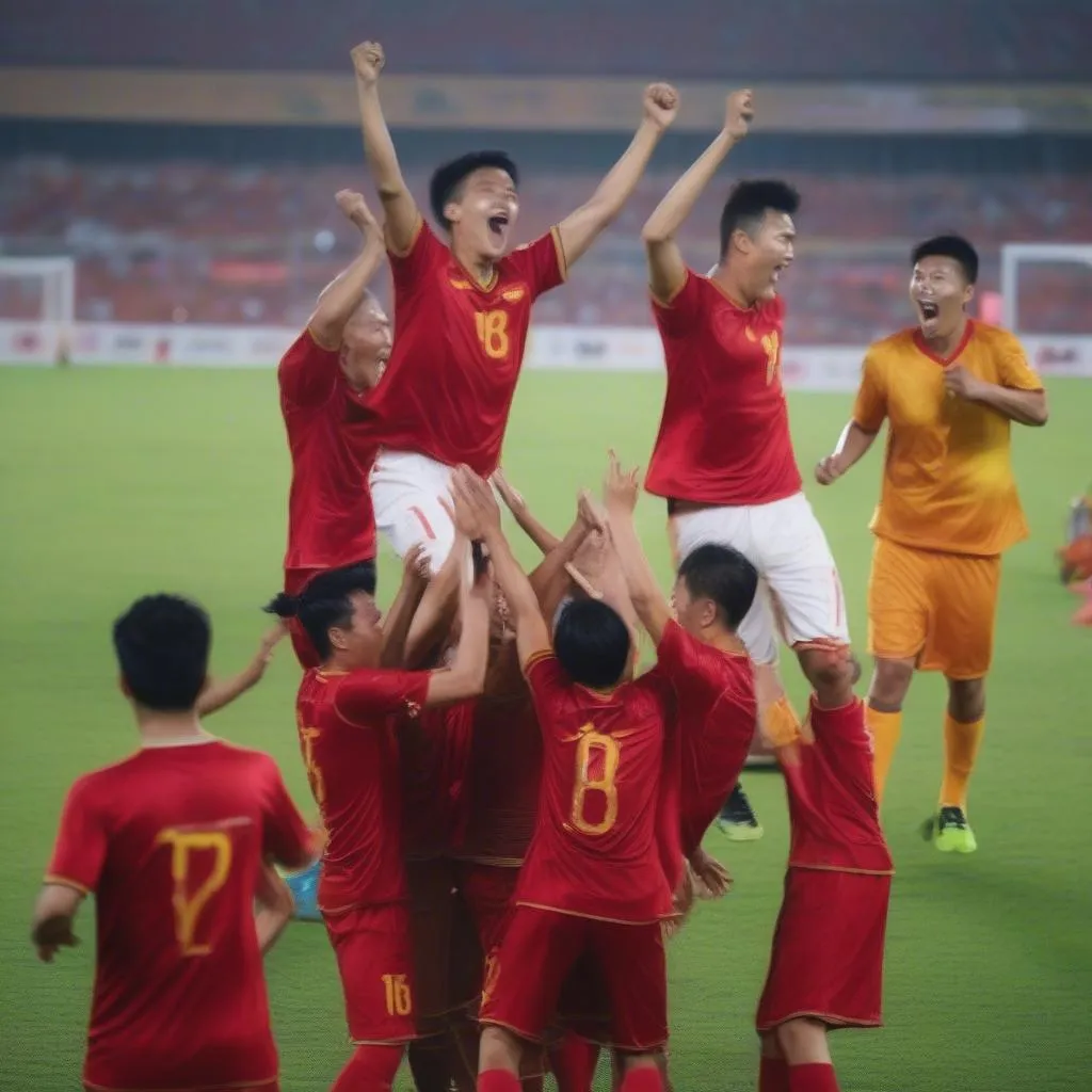 Cầu thủ Việt Nam ăn mừng bàn thắng tại Asian Cup 2019