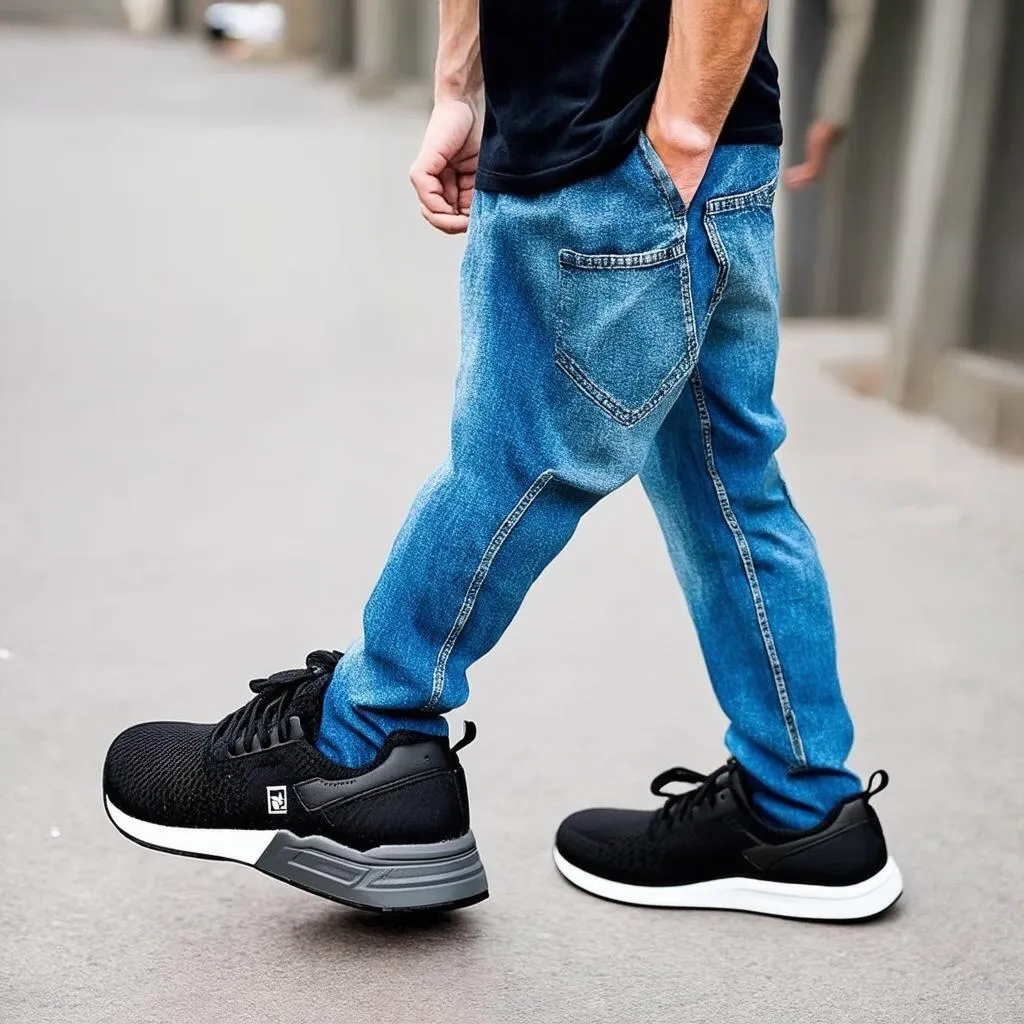 Chàng Trai Mặc Quần Jeans, Áo Thun Đi Giày Thể Thao Lưới BFL Buffalo Màu Đen