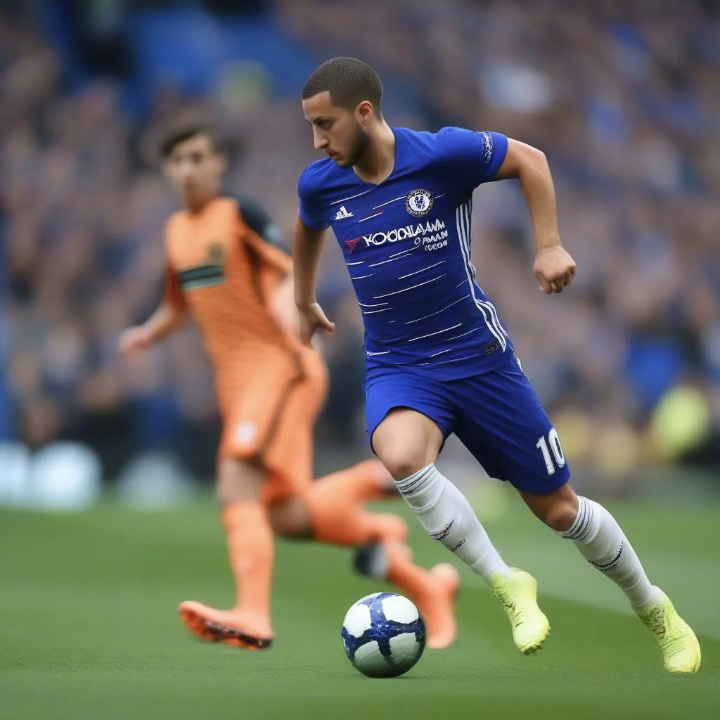 Hình ảnh Eden Hazard đang đi bóng lắt léo, qua người đối thủ trong một trận đấu của Chelsea