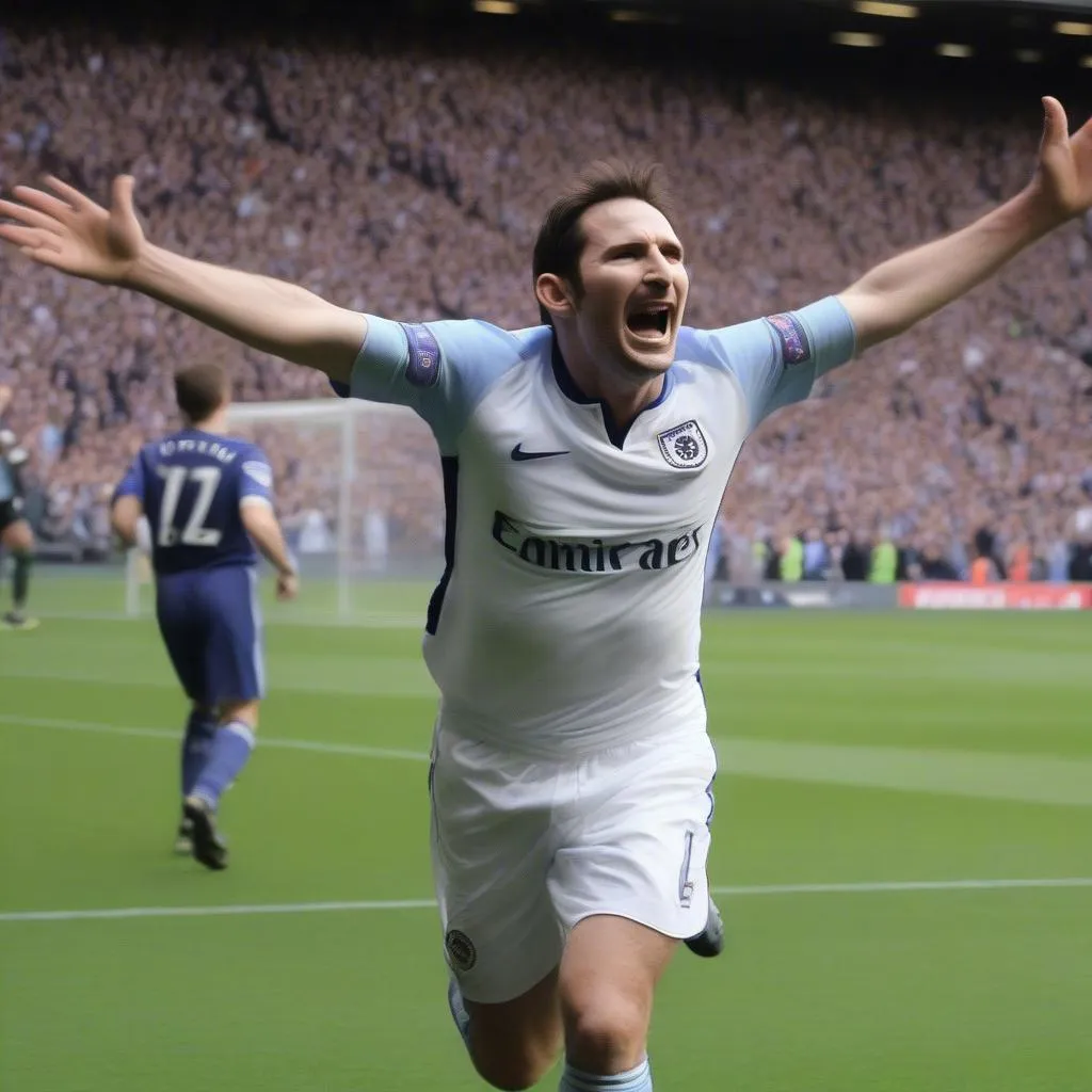 Hình ảnh Frank Lampard đang ghi bàn thắng, khán giả hò reo vang dội