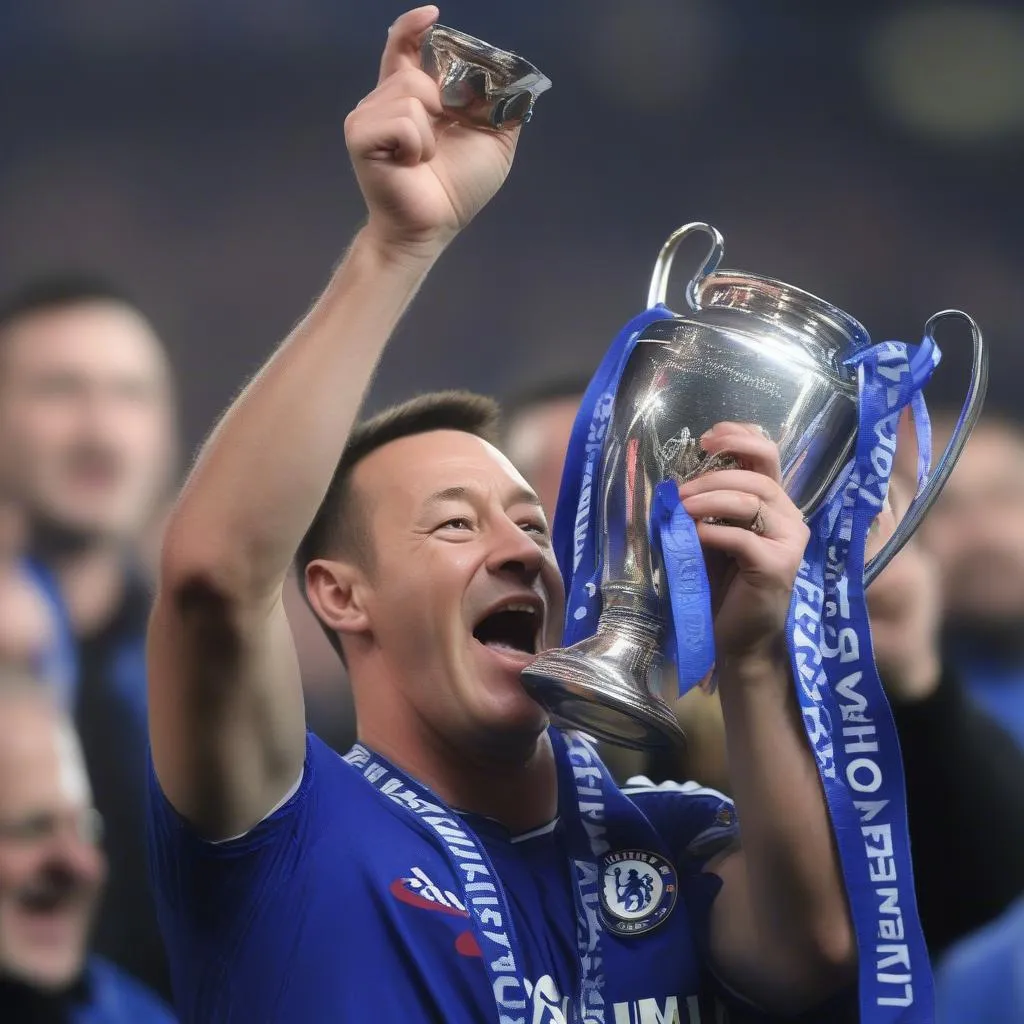 Hình ảnh John Terry đang nâng cao chiếc cúp vô địch, ánh mắt rạng ngời niềm tự hào