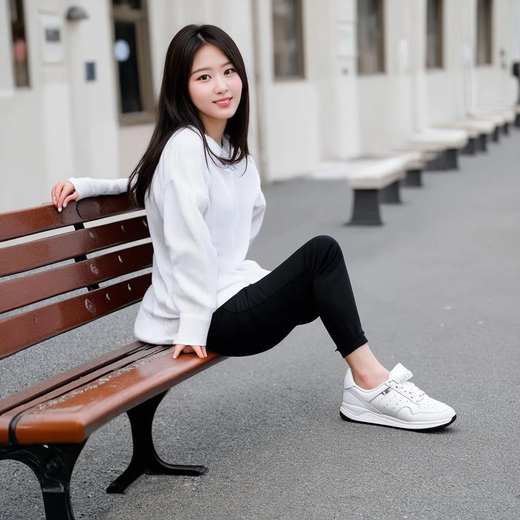 A girl wearing elegant women's sports shoes