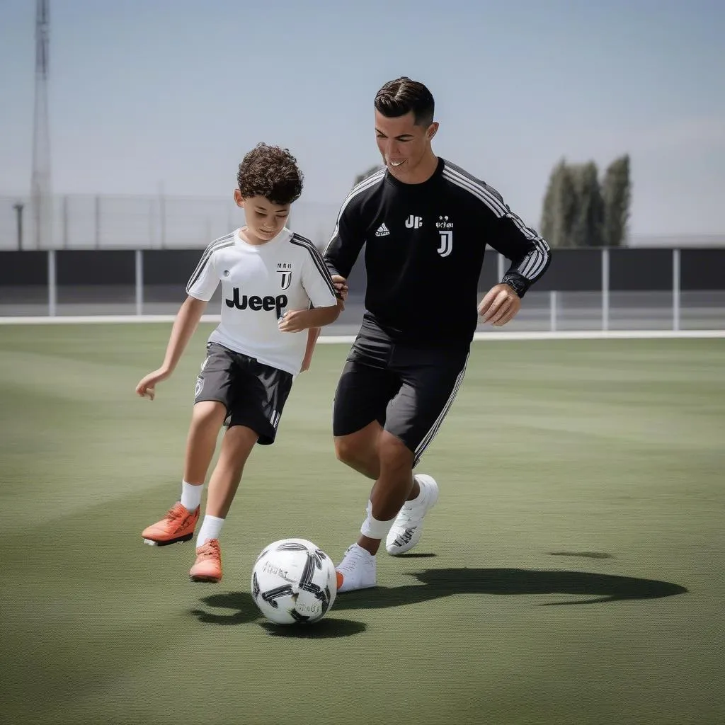 Cristiano Junior tập luyện bóng đá cùng bố