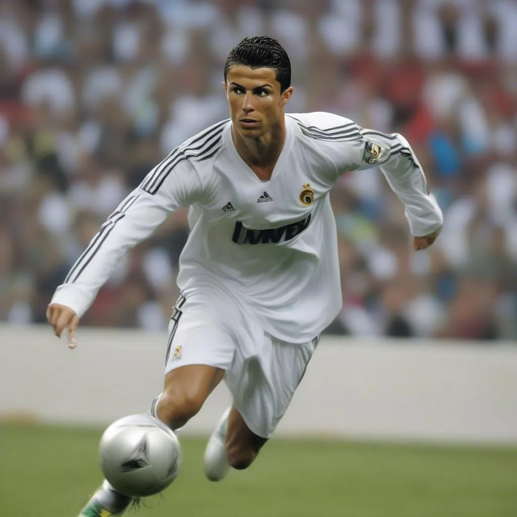 Cristiano Ronaldo đang thi đấu trong một trận bóng đá năm 2010