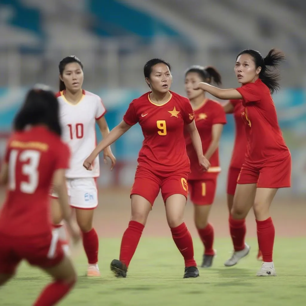 Đội tuyển nữ Việt Nam thi đấu đầy quyết tâm trong trận đấu với Myanmar tại SEA Games