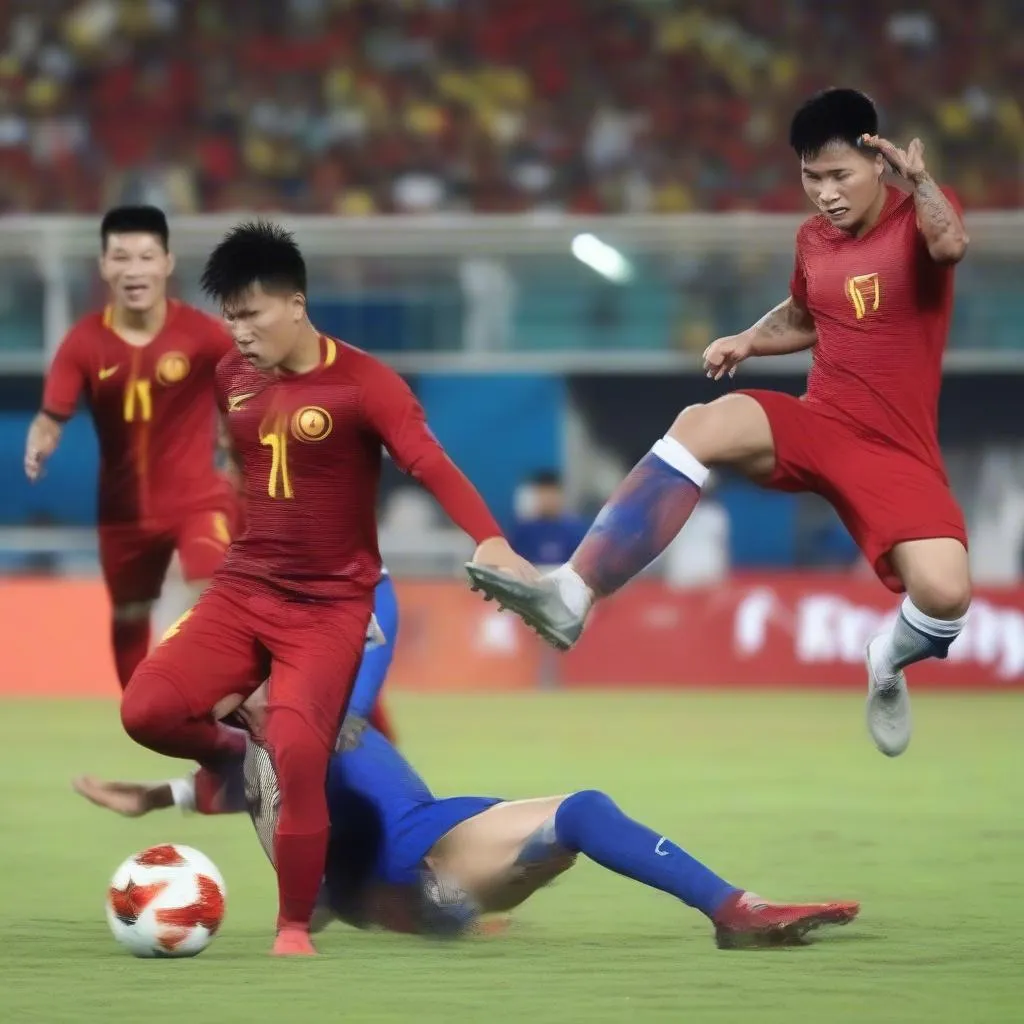 Hình ảnh hai đội tuyển Việt Nam và Thái Lan thi đấu tại chung kết AFF Cup 2018