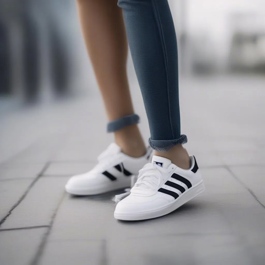 Giày Thể Thao Nữ Adidas Trắng Đen Phối Quần Jeans