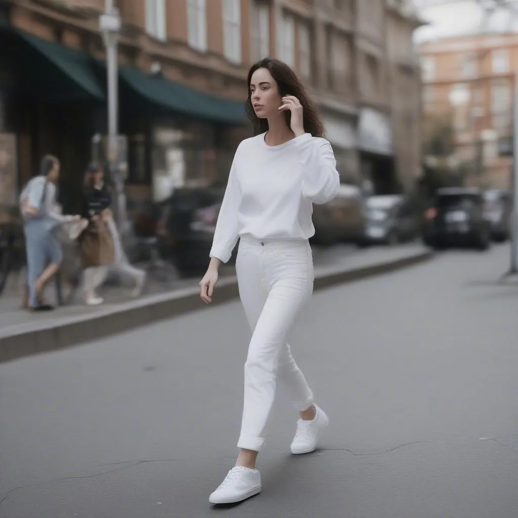 Giày thể thao nữ all white phong cách đường phố