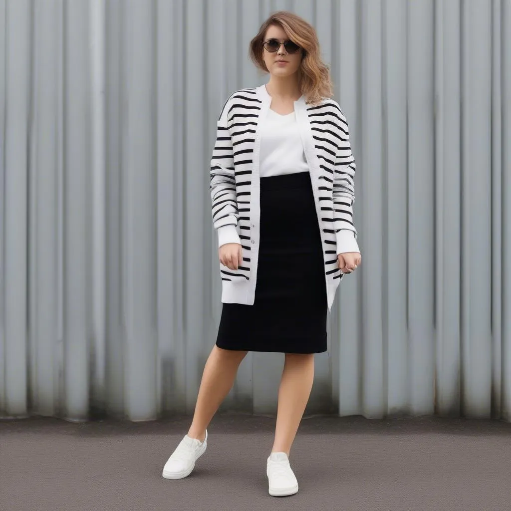 Giày thể thao trắng kết hợp cardigan dáng dài và chân váy, tạo phong cách &quot;Sporty Chic&quot; năng động và cá tính