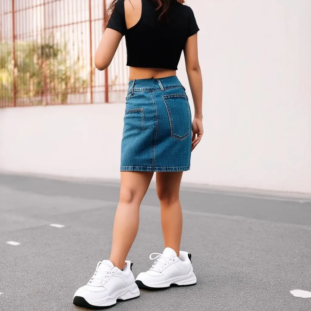 Giày thể thao trắng phối với váy jeans và áo crop top