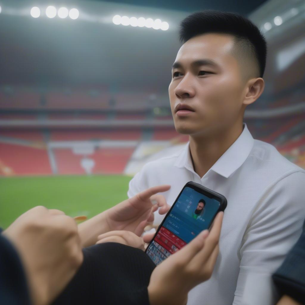 img-03|phan-mem-bong-da|A close-up shot of a Vietnamese football fan watching a match on their phone, with the app showing the live score and statistics