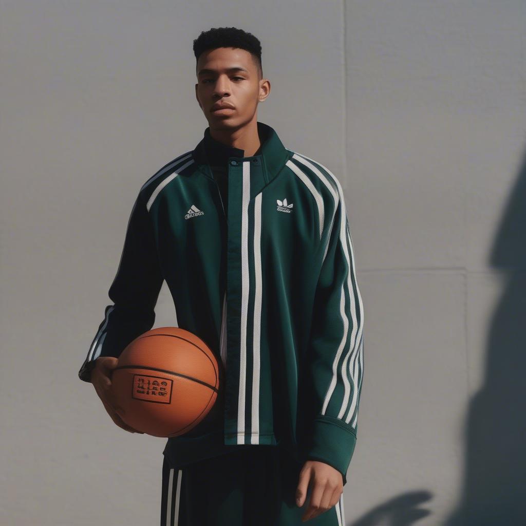 img-1|Quần áo Adidas|A man wearing Adidas clothing, with a basketball in the background