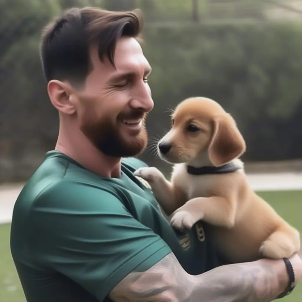 Hình ảnh Messi được ghép ảnh với một chú chó con dễ thương