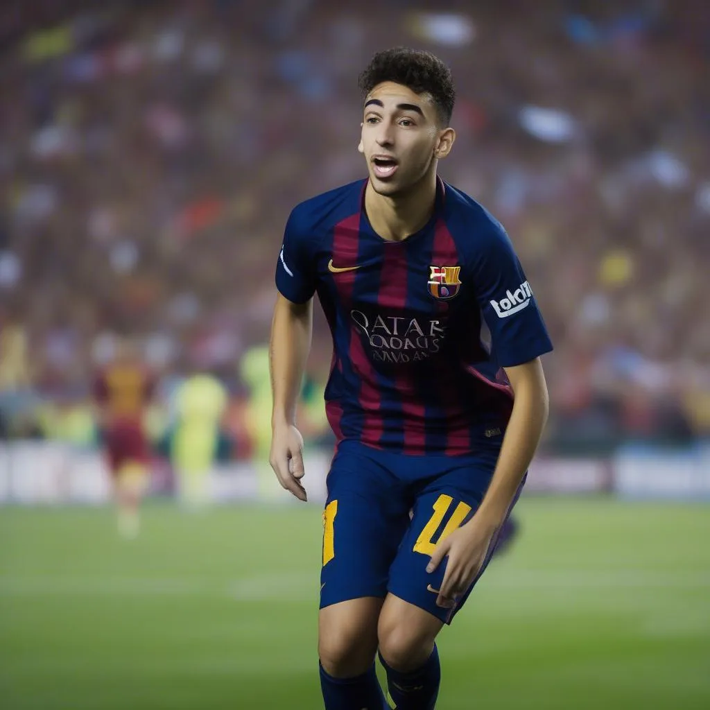 Munir El Haddadi trong màu áo Barcelona, ra mắt đội một vào năm 2014