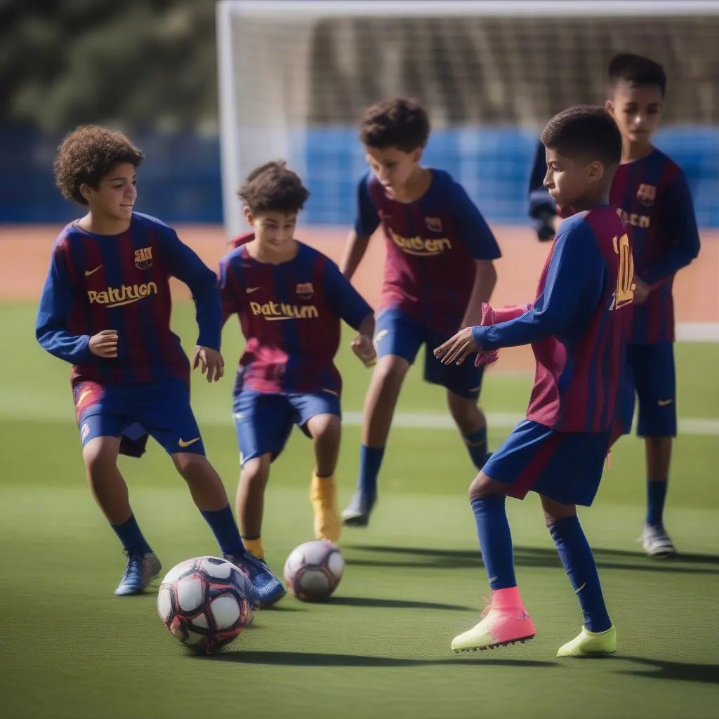 Những cầu thủ nhí Barca tập luyện trên sân cỏ La Masia, nơi ươm mầm tài năng bóng đá