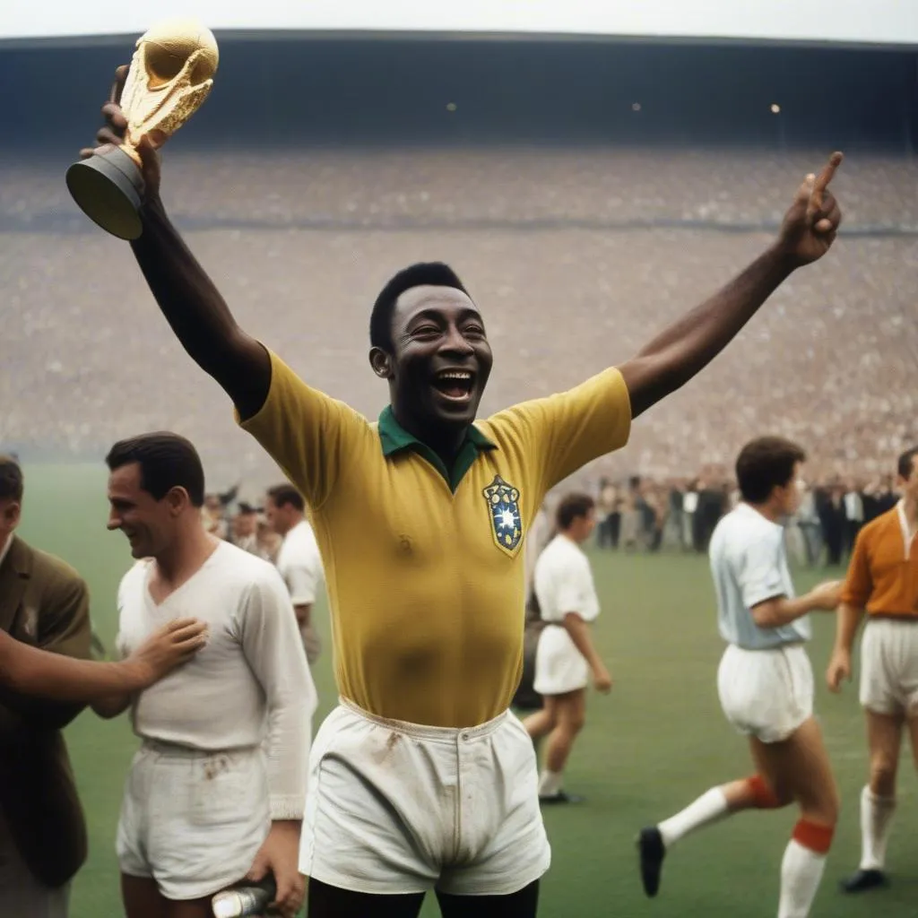 Hình ảnh Pele nâng cao chiếc cúp vô địch World Cup 1958 cùng đội tuyển Brazil.