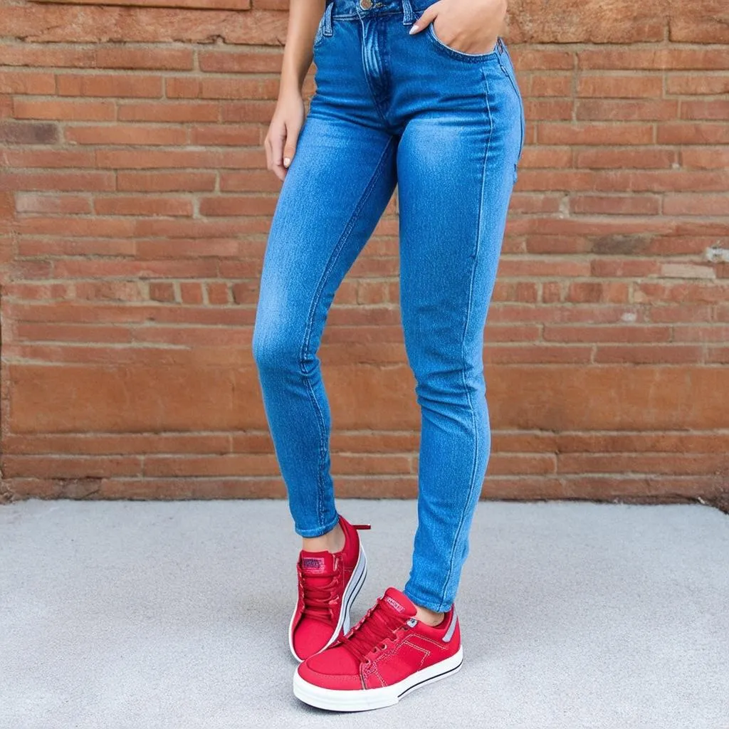 Quần jeans xanh và giày thể thao nữ màu đỏ