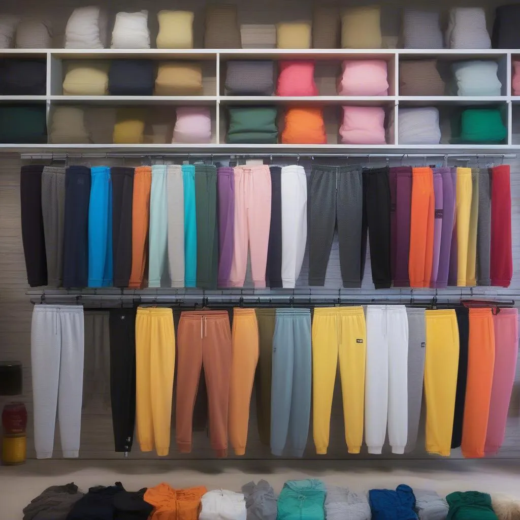 A variety of sweatpants in different colors, representing the wide range of choices for different styles and preferences.