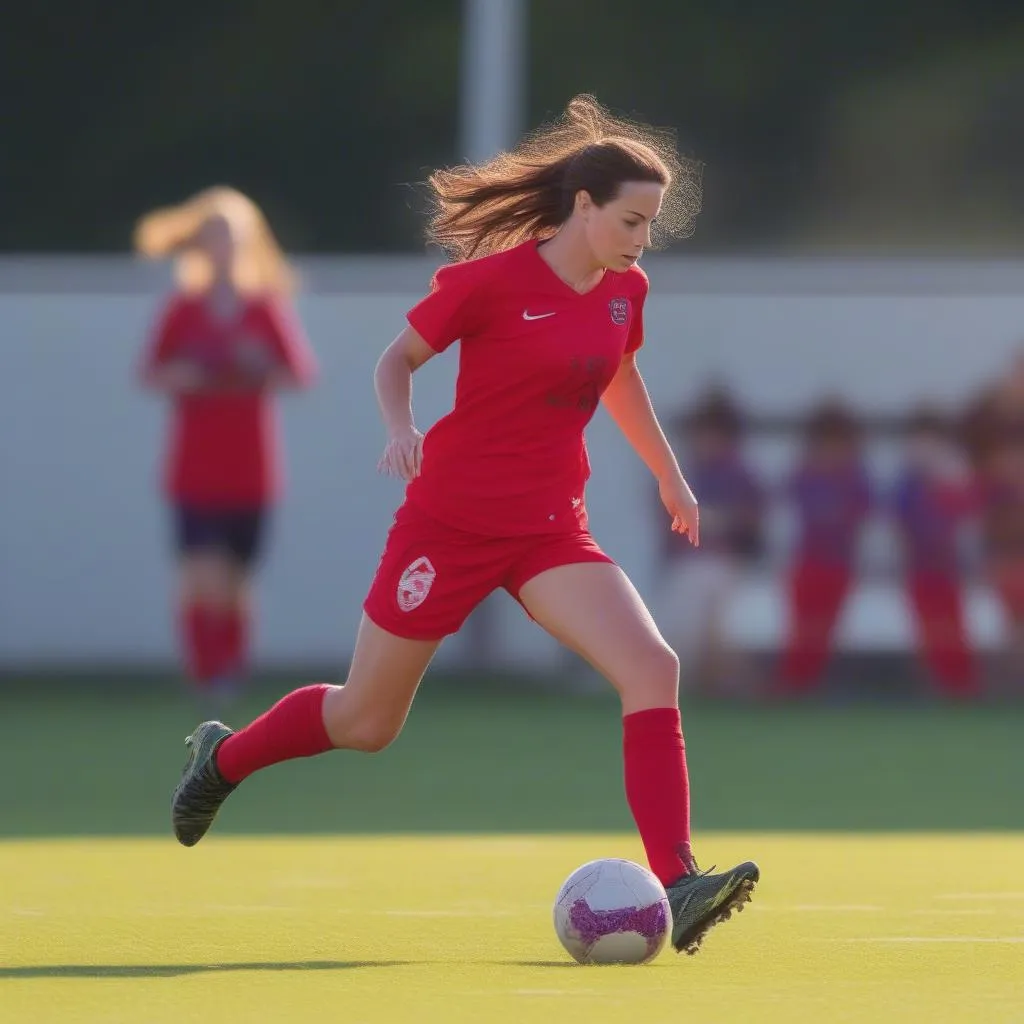 Kate's first match: A photo capturing Kate's determined expression as she prepares to enter her first official football match, marking the beginning of her incredible journey to becoming a professional footballer. 