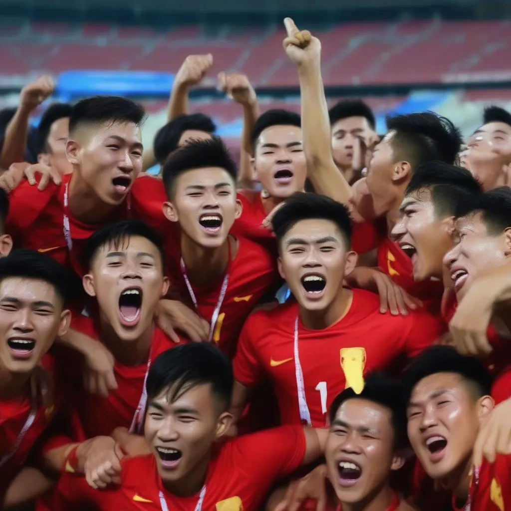 Hình ảnh các cầu thủ U23 Việt Nam hát "Bống Bống Bang Bang" sau chiến thắng trước Malaysia tại SEA Games 29