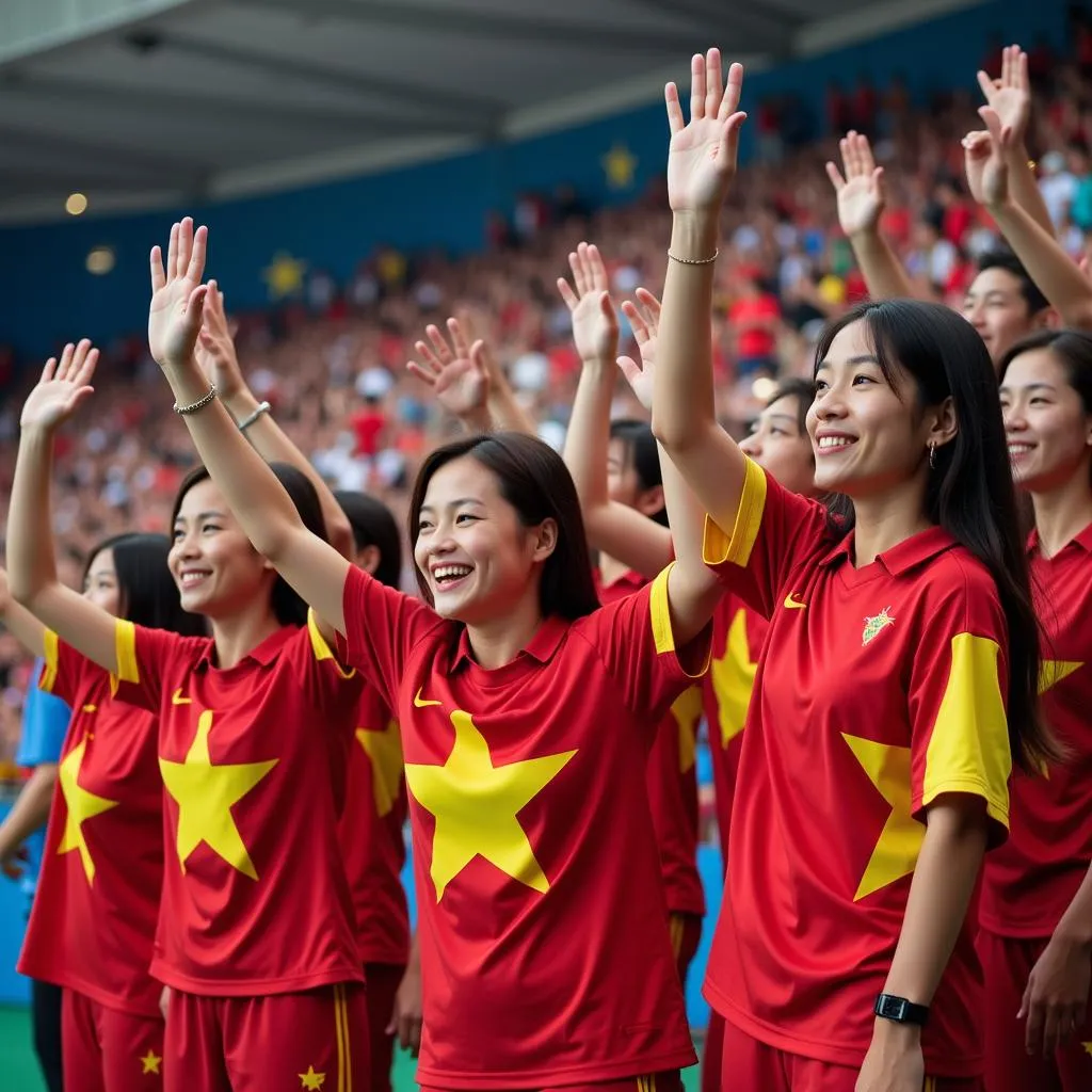 Các cầu thủ Việt Nam chào cờ cùng đồng viên tại Asiad 2018