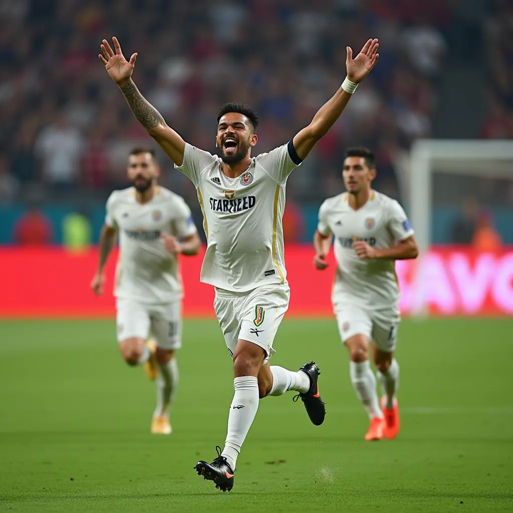 Soccer player celebrating a goal with teammates