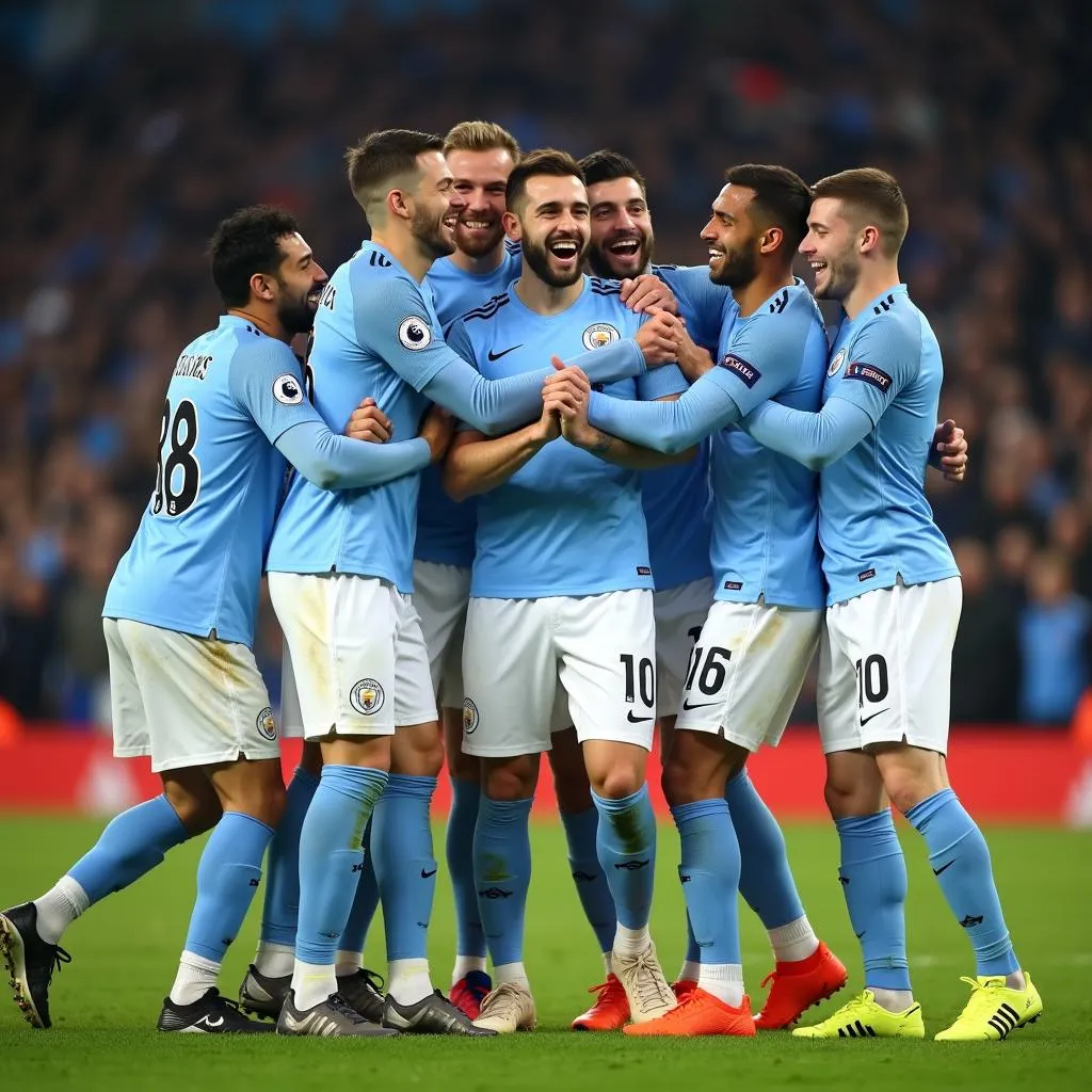 Các cầu thủ Man City ăn mừng bàn thắng