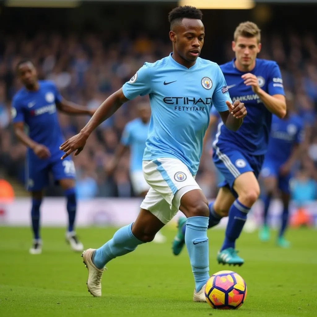 Raheem Sterling, cầu thủ tấn công của Manchester City, trong trận đấu với Chelsea