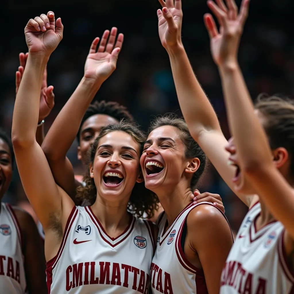 Basketball team celebrating a victory