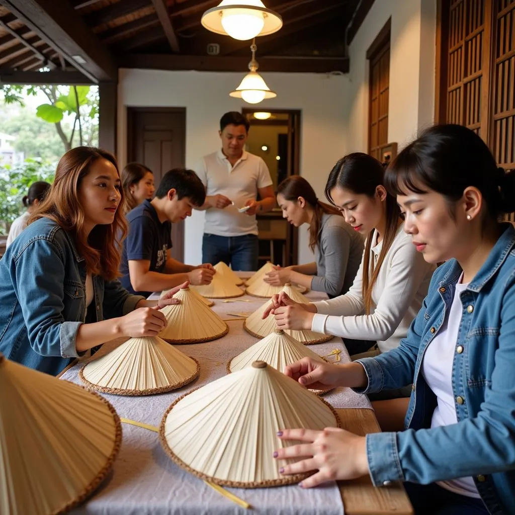 Du khách tham gia lớp học làm nón lá tại Hội An