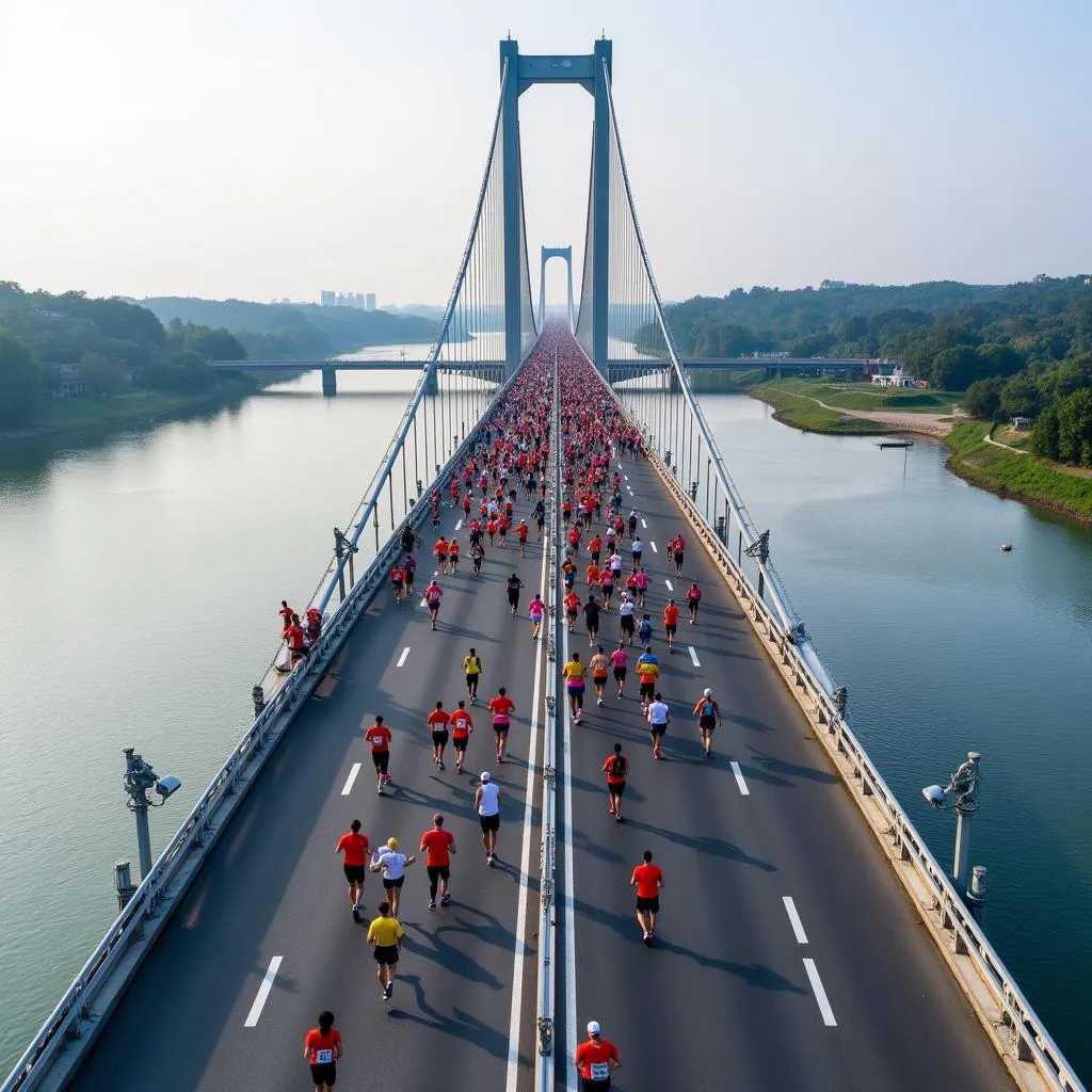 Vận động viên tham gia giải chạy marathon trên cầu Bạch Thủ An Giang