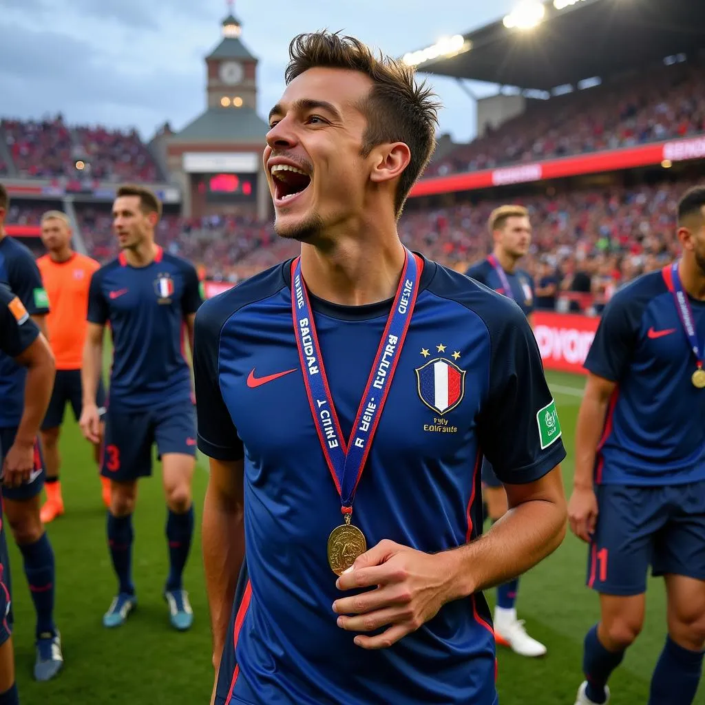 Antoine Griezmann ăn mừng chiến thắng World Cup 2018 cùng đồng đội