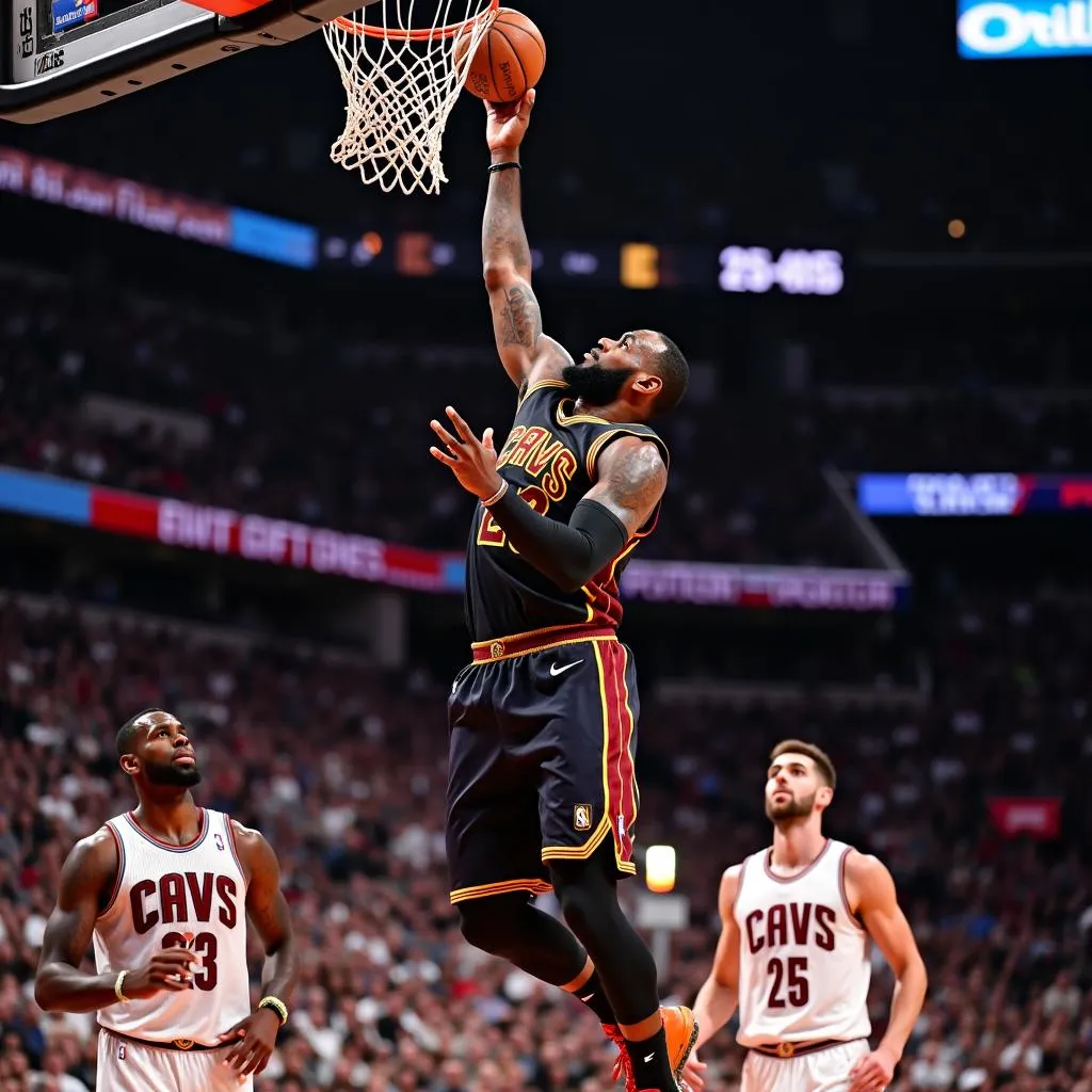 LeBron James performing a slam dunk