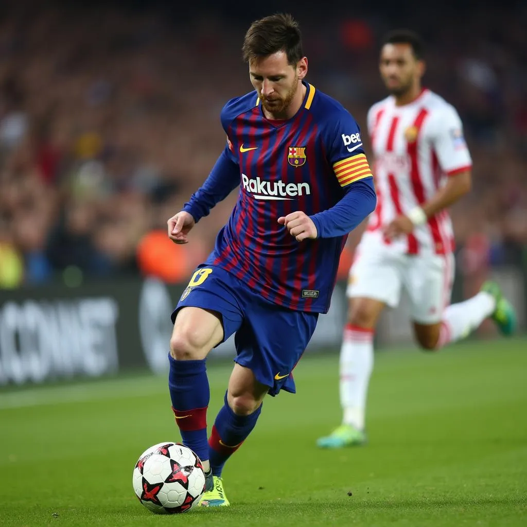 Hình ảnh Lionel Messi với pha đi bóng qua nhiều cầu thủ