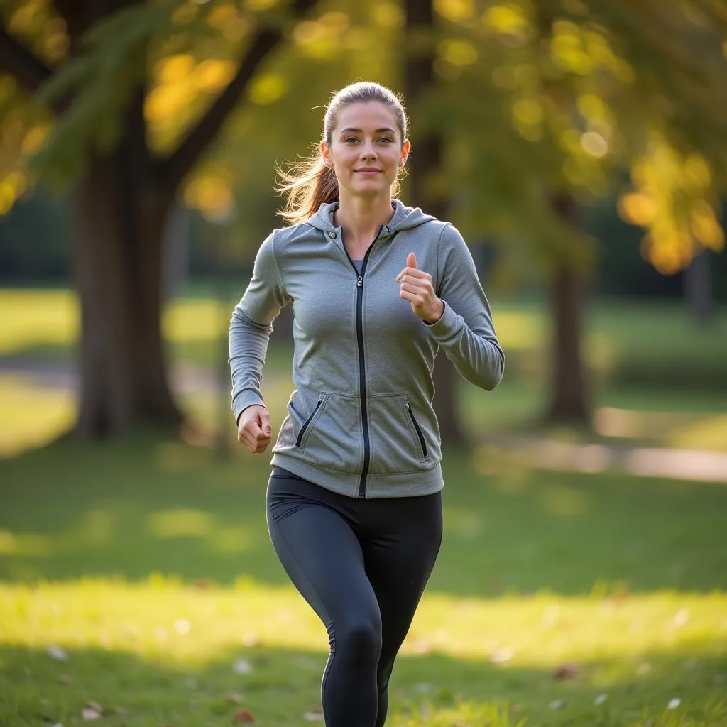 Young woman jogging in the park with headphones