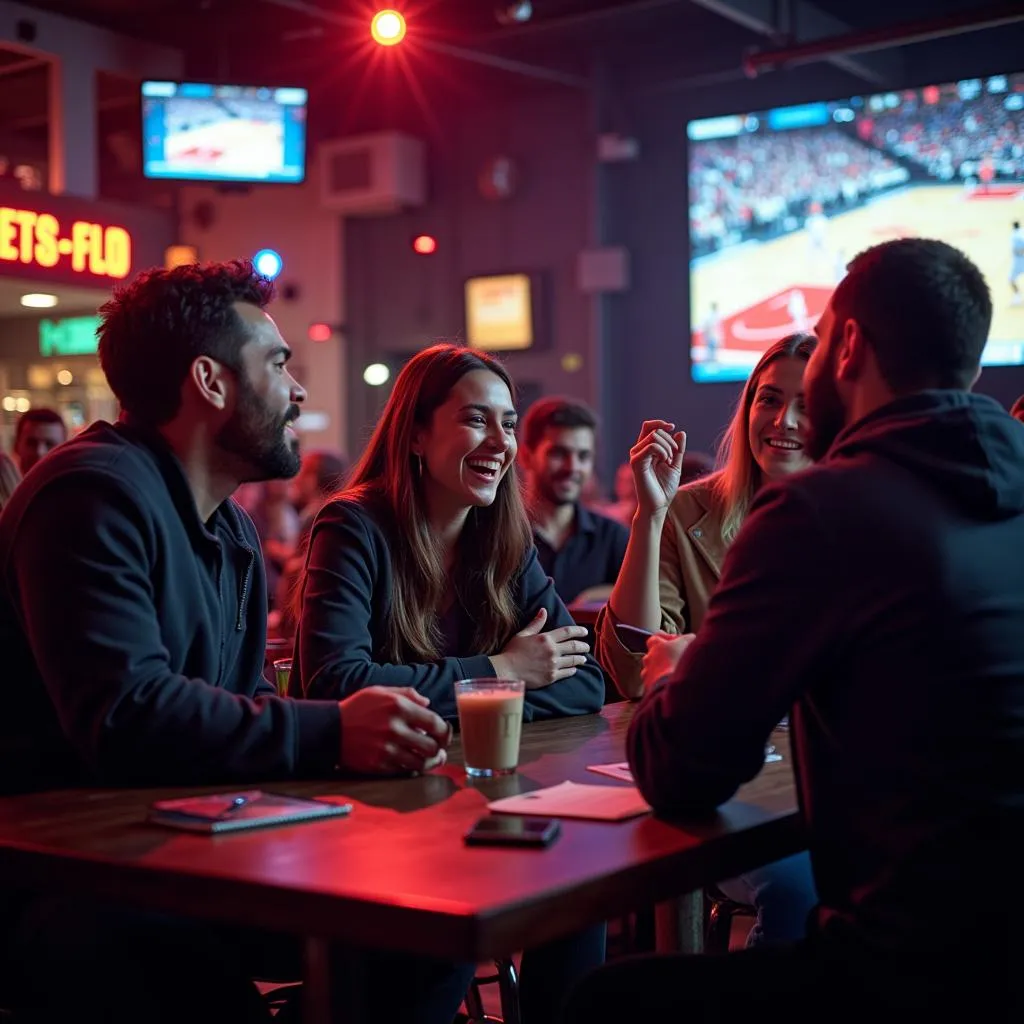 Group of young friends watching a basketball game at a sports bar