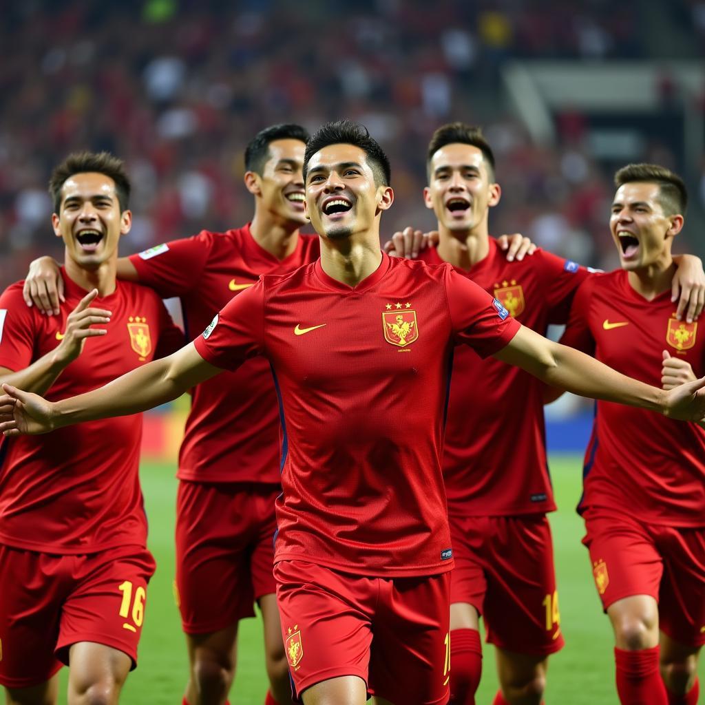 Hình ảnh các cầu thủ Việt Nam ăn mừng chiến thắng trong chiếc áo rống tại AFF Cup 2018