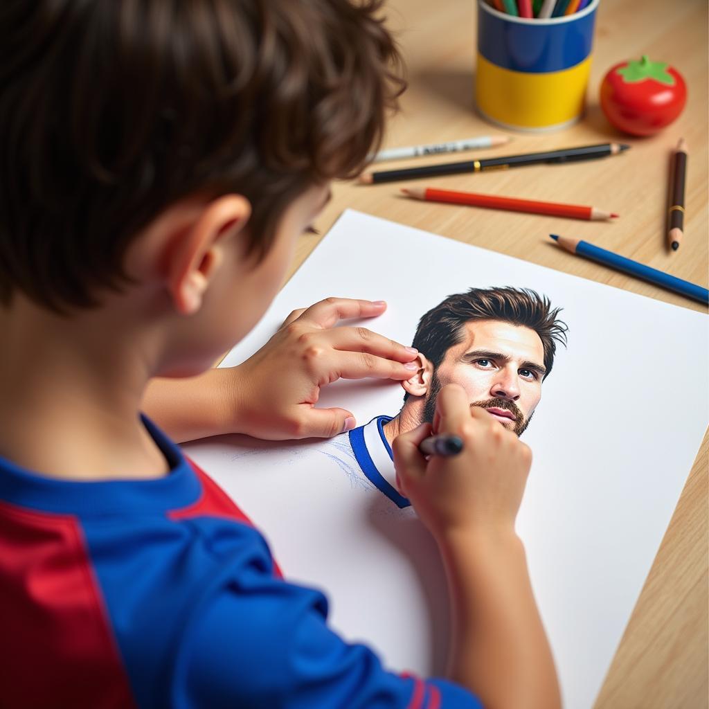 Bé tập vẽ Messi